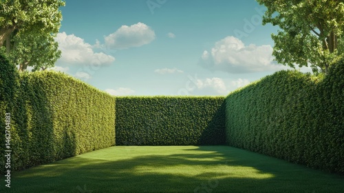 Green hedge maze garden path sunny day landscape design