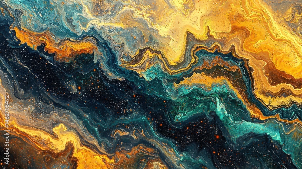 This artwork displays a mesmerizing blend of gold, turquoise, and black hues, creating a dynamic movement reminiscent of cosmic energy in a vast universe This artwork displays a mesmerizing blend of gold, turquoise, and black hues, creating a dynamic movement reminiscent of cosmic energy in a vast universe