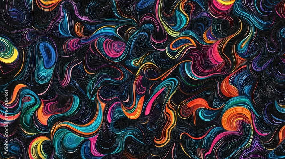 A dynamic display of colorful swirls dances across a dark background, creating an energetic composition of flowing lines and vivid colors. The contrast enhances visual excitement A dynamic display of colorful swirls dances across a dark background, creating an energetic composition of flowing lines and vivid colors. The contrast enhances visual excitement