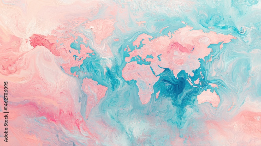 Fototapeta premium An abstract representation of a world map is created using vibrant swirls of pink and turquoise colors. This artistic piece captures the essence of global diversity and creativity