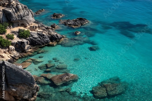 Top perspective turquoise coastal water serene backdrop  
