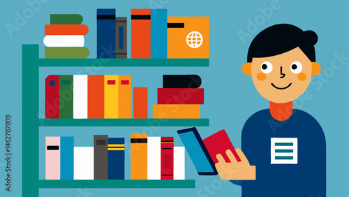 Multilingual Resources A bookshelf filled with books in multiple languages prominently featuring a person browsing them with a smiling expression showcasing linguistic diversity.
