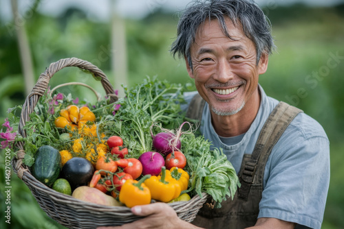 Happy farmer holding basket with fresh vegetables in farm