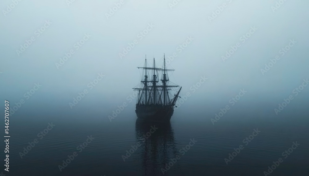 Fototapeta premium Foggy sea, historic ship