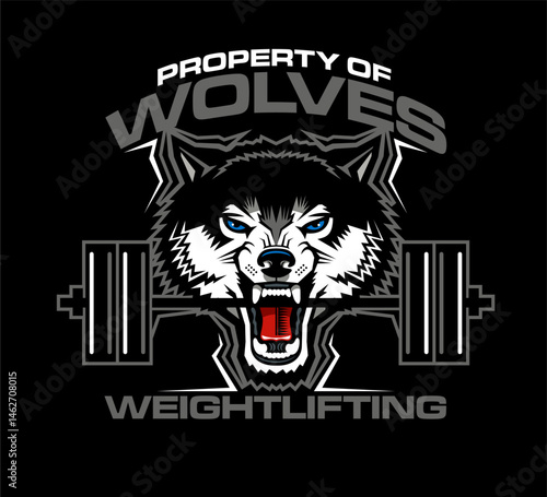 property of weightlifting team design with wolf mascot biting barbell for school, college or league sports
