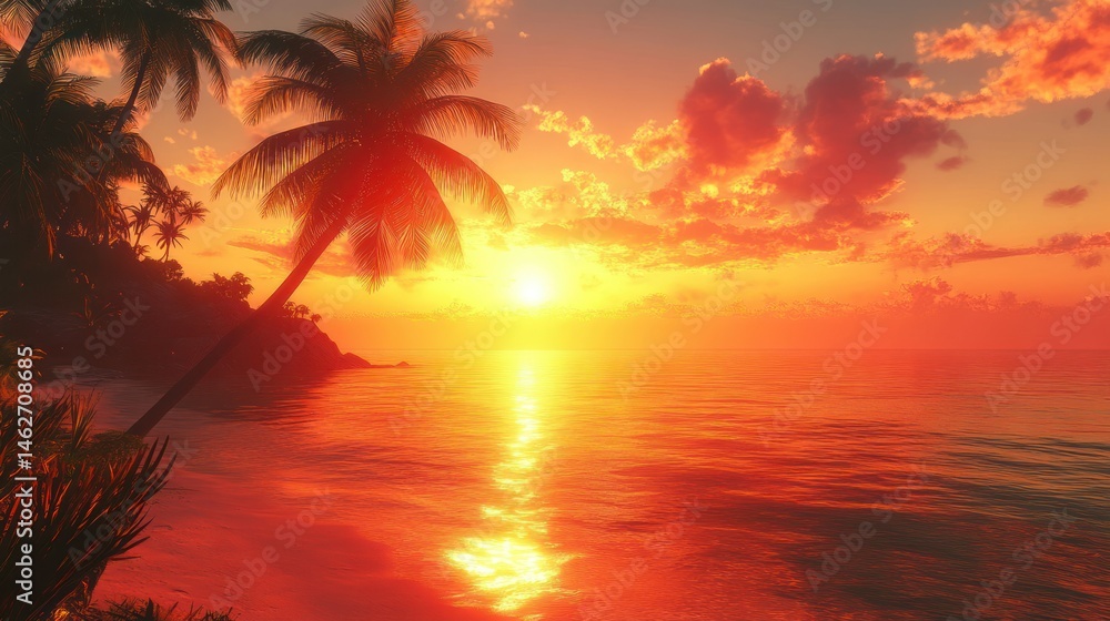 Obraz premium Tropical sunset over a beach. Vivid colors paint the sky and sea. Palm trees frame the scene