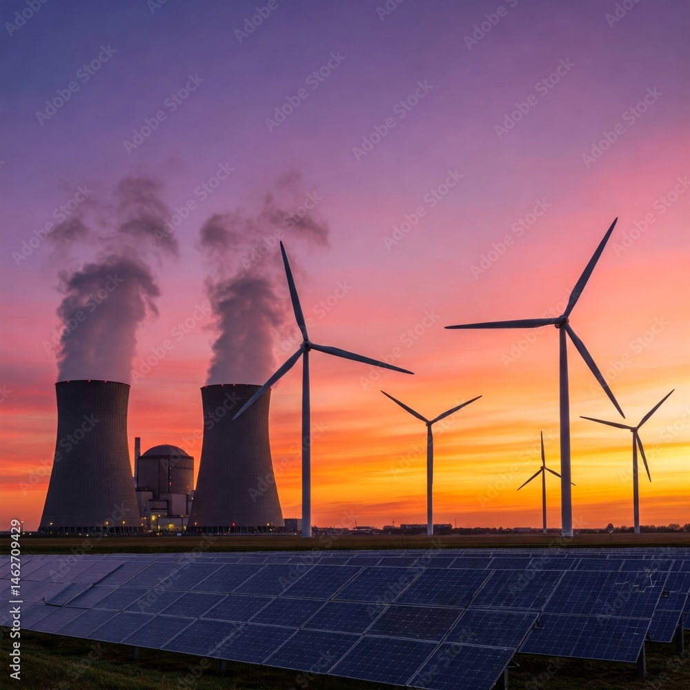 custom made wallpaper toronto digitalNuclear power plant, wind turbines, and solar panels at sunset: transitioning to renewable energy