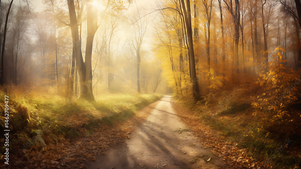 Obraz premium Autumn Forest Trail with Warm Lighting