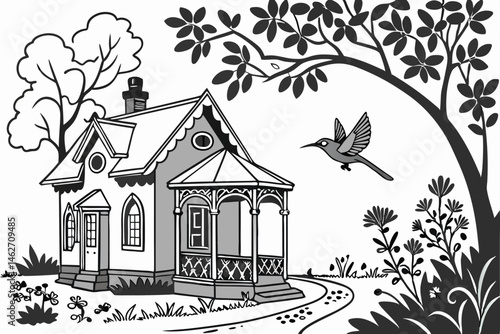 50 Whimsical birdhouse, Victorian garden, intricate floral arrangements, perched birds, detailed black and white illustration, ornate architectural elements, hummingbird in flight, blooming flowers, f