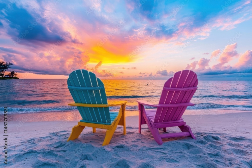 Two beach chairs on a beach at sunset Two beach chairs on a beach at sunset