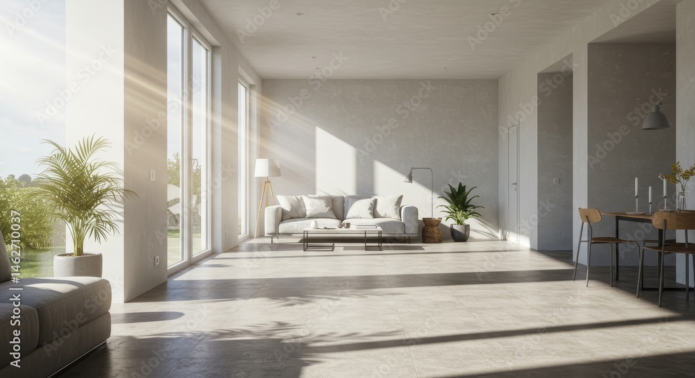 Fototapeta premium Modern Minimalist Living Room Sunlight - Bright, airy living room with sunlight streaming through large windows, minimalist furniture, and polished concrete floors