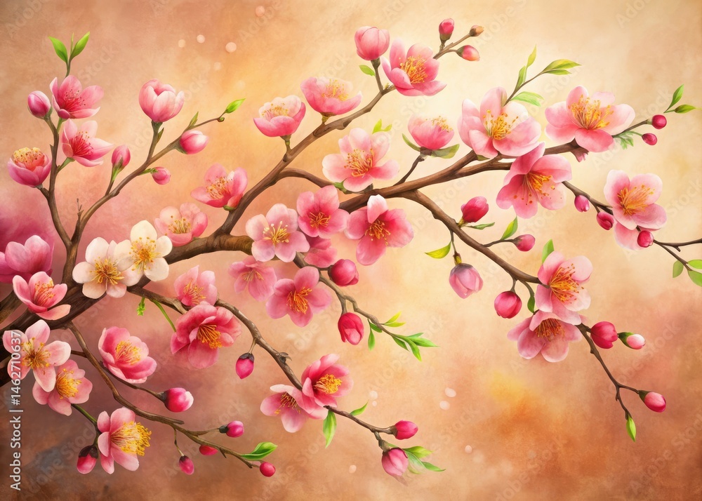 Obraz premium Peachy Pink Cherry Blossoms Watercolor Painting - Delicate Branches, Beige Background, Japanese Art