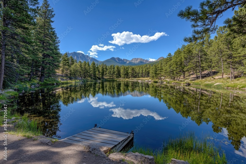 Serene mountain lake reflecting clouds and trees on a sunny day, peaceful and tranquil scene. Serene mountain lake reflecting clouds and trees on a sunny day, peaceful and tranquil scene.