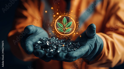 Wallpaper Mural Industrial hands hold raw materials while glowing green leaves symbolize environmental transformation a visual for sustainable manufacturing and eco friendly innovation projects Torontodigital.ca