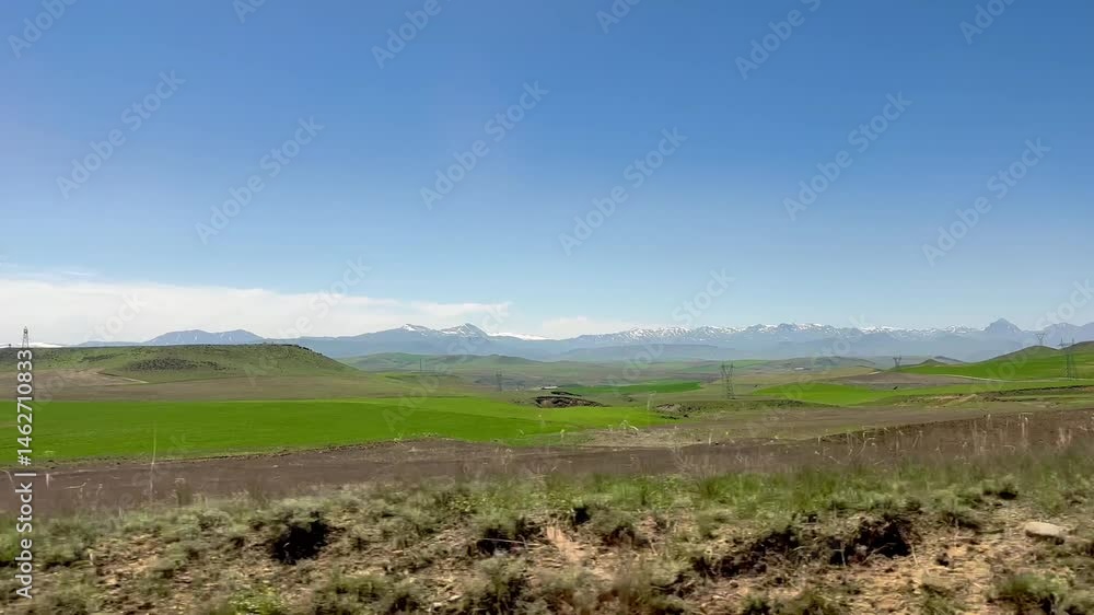 Rolling green fields extend under a clear blue sky, with snow-capped mountains in the distance. This serene location captures nature's beauty and tranquility Rolling green fields extend under a clear blue sky, with snow-capped mountains in the distance. This serene location captures nature's beauty and tranquility