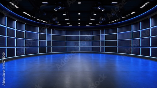Modern television studio interior empty set with blue lighting and multiple screens