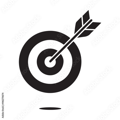 Black Target Silhouette Clipart – Bullseye with Arrow Hitting Center, Archery and Goal Icon Set