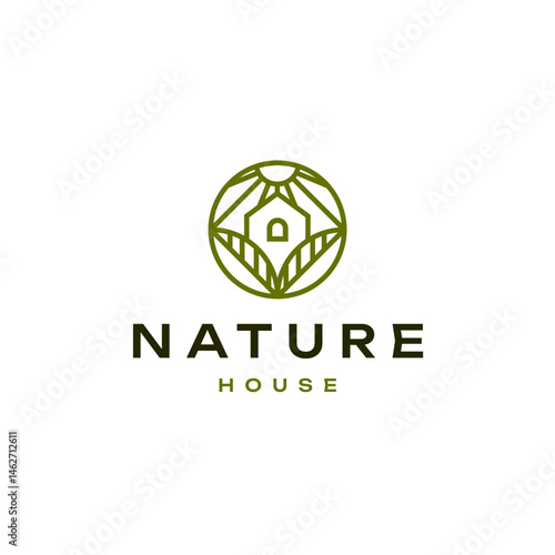 Eco Green House Logo with Leaf, Circle, and Sunburst Outline Design