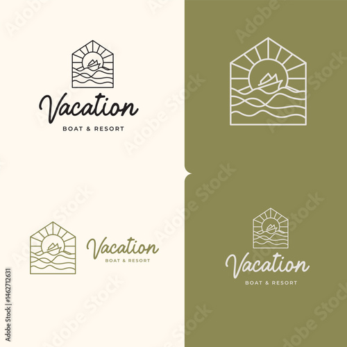 Minimalist Line Art Beach House and Boat Logo Design Vector for Travel and Vacation Branding