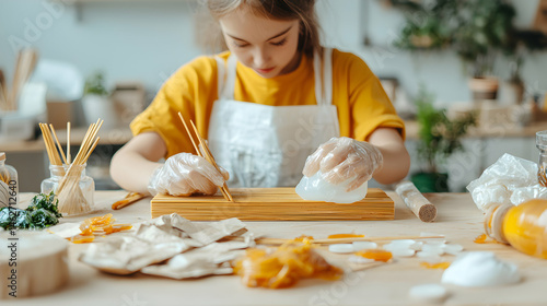 A young person meticulously crafts a project wearing protective gloves at a well-lit table. This image highlights hands-on learning creativity and engaging DIY activities for educational content.