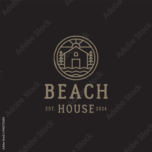 Vintage Hand-Drawn Lake House and Pine Tree Logo Design Vector