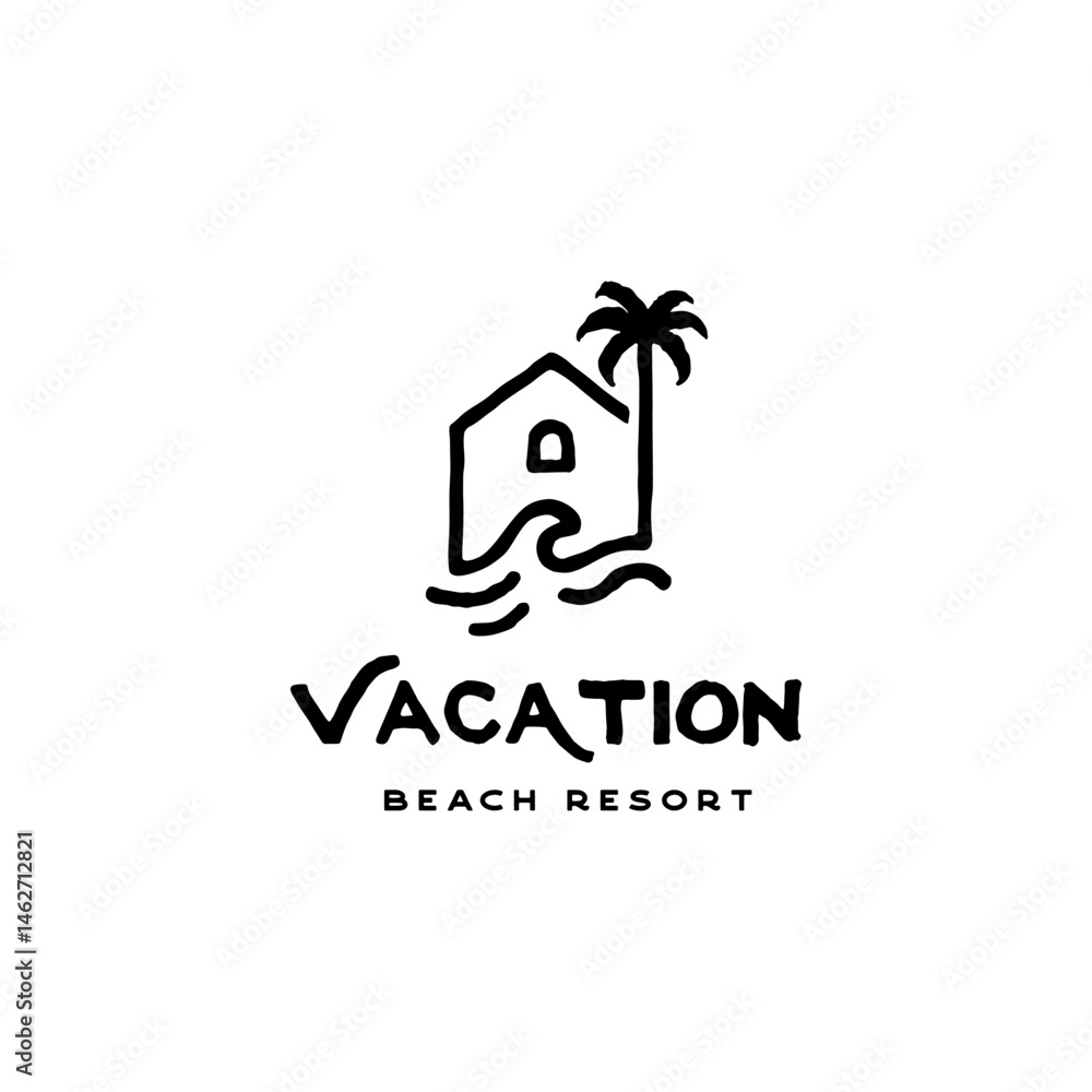 Fototapeta premium Retro Beach House Logo with Hand Drawn Palm Tree and Ocean Waves