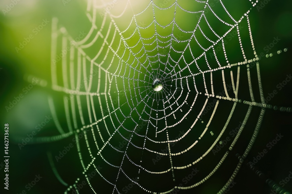 Naklejka premium A dew-covered spiderweb, intricate design, nature's artistry, glistening droplets.
