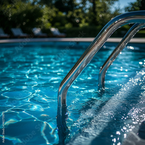 Inviting swimming pool with ladder and rippling blue water.
