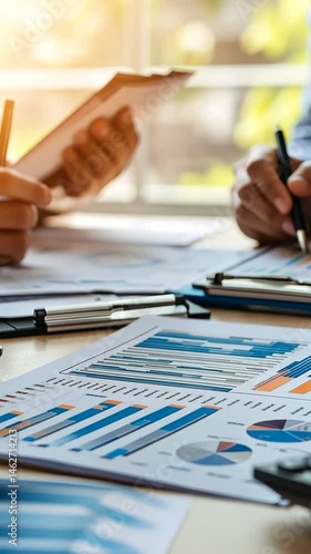 Corporate consultants evaluate financial performance reports for strategic analysis and decision making