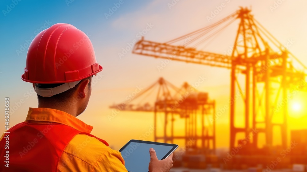 Worker using tablet at industrial port at sunset Worker using tablet at industrial port at sunset