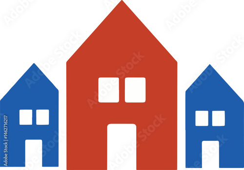 Colorful flat vector icon featuring three modern houses, perfect for real estate, construction, and urban development marketing.
