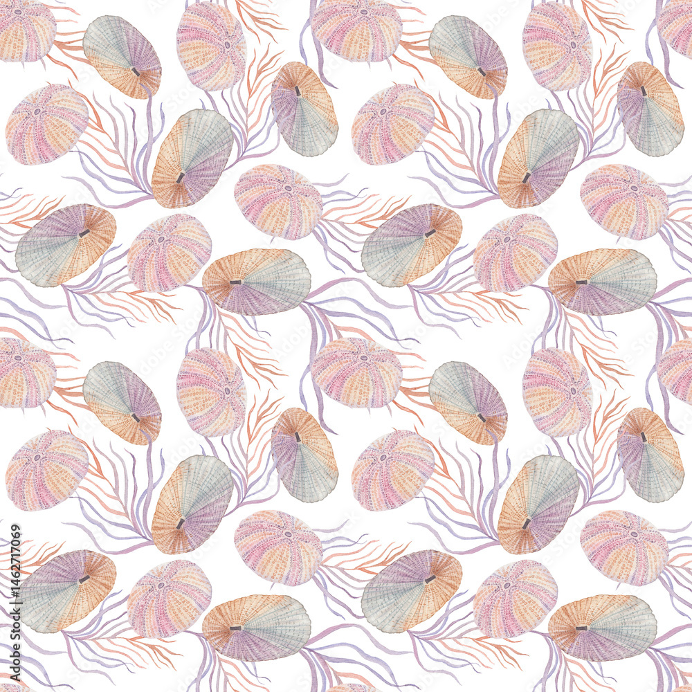 Delicate pastel seamless watercolor pattern featuring seashells and seaweed in a soft beige-lavender color palette, ideal for coastal-themed designs, beach weddings, and summer decor. Delicate pastel seamless watercolor pattern featuring seashells and seaweed in a soft beige-lavender color palette, ideal for coastal-themed designs, beach weddings, and summer decor.