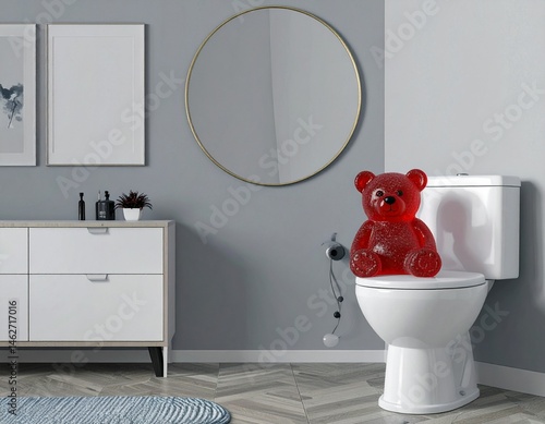 Red Gummy Bear Sitting in Bathroom