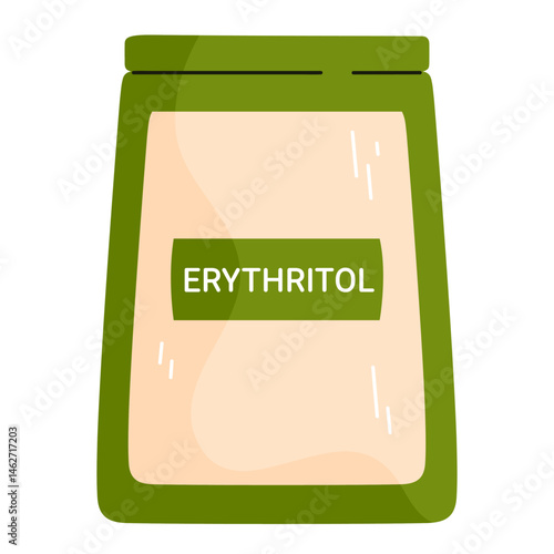 Erythritol in green package. Natural organic sweetener. Healthy sugar substitute. Healthy diet and diabetic-friendly product. Vector illustration in cartoon style. Isolated on white