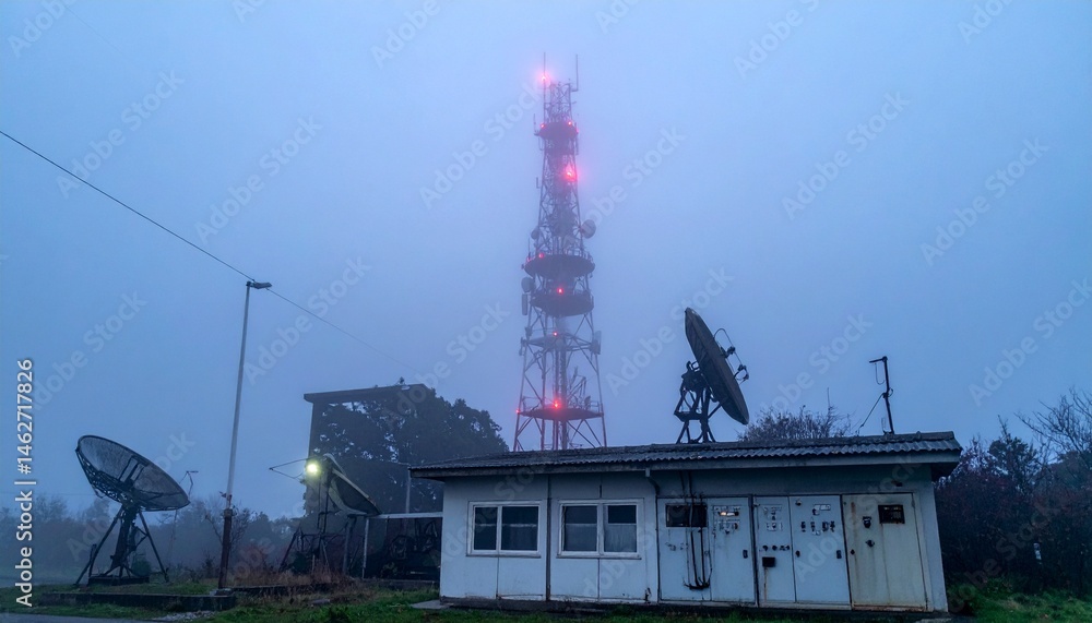 Fototapeta premium Analog Broadcast Tower Blinking in the Fog, Transmitting to No One