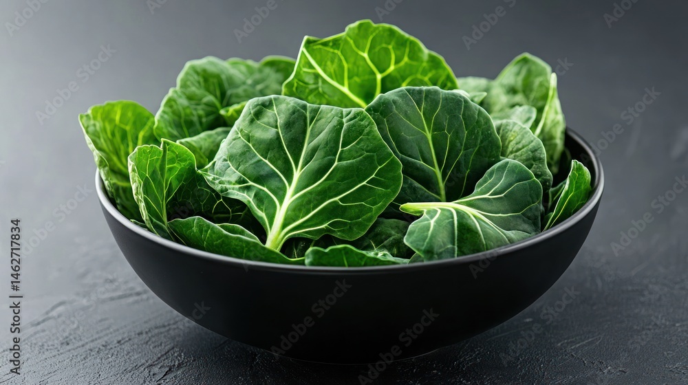 Fresh green leafy vegetables in black bowl healthy food concept Fresh green leafy vegetables in black bowl healthy food concept