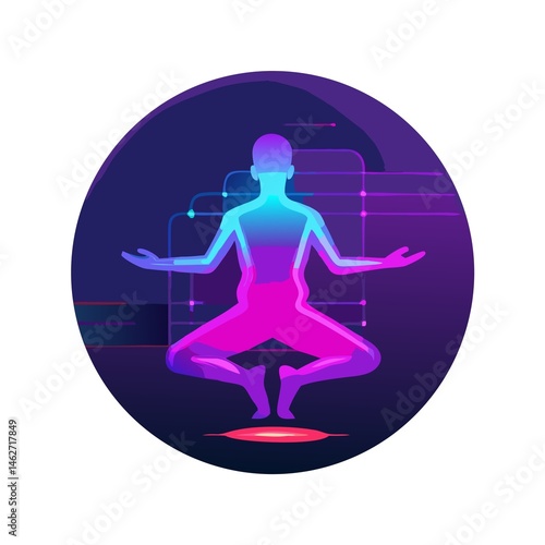 Glowing neon yoga silhouette cyberpunk purple-pink 