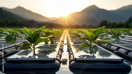 Wallpaper Mural Floating farm with solar panels cultivates green plants reflecting sustainable innovation ideal for eco-friendly power generation and agriculture synergy envisioning efficient food production Torontodigital.ca