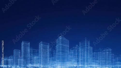 Glowing blue city skyline wireframe model at night digital urban architecture concept