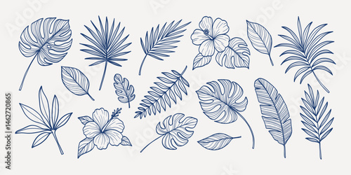 A set of blue and white drawings of various leaves and flowers. The drawings are stylized and appear to be hand-drawn. Scene is serene and peaceful, with the blue