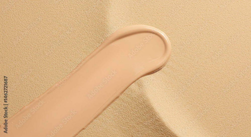 Obraz premium Sandy Beige Foundation Swatch - Smooth, creamy foundation texture on a sandy background. Symbolizes beauty, natural look, flawless skin, makeup artistry, and effortless elegance