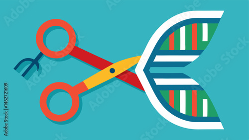 Gene Editing Tool An illustration of a pair of scissors symbolizing CRISPR technology hovering over a DNA strand that shows a mutated section. The scissors are poised to out the