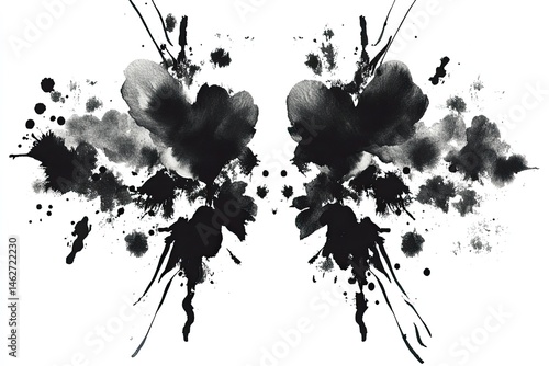 Abstract symmetrical ink blots on a white background.  Splashes and streaks of dark ink create two mirrored shapes