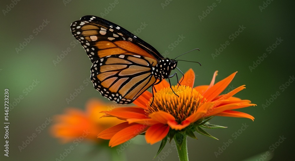 Fototapeta premium A monarch butterfly perched atop a vibrant orange flower in a soft focused natural setting outdoors