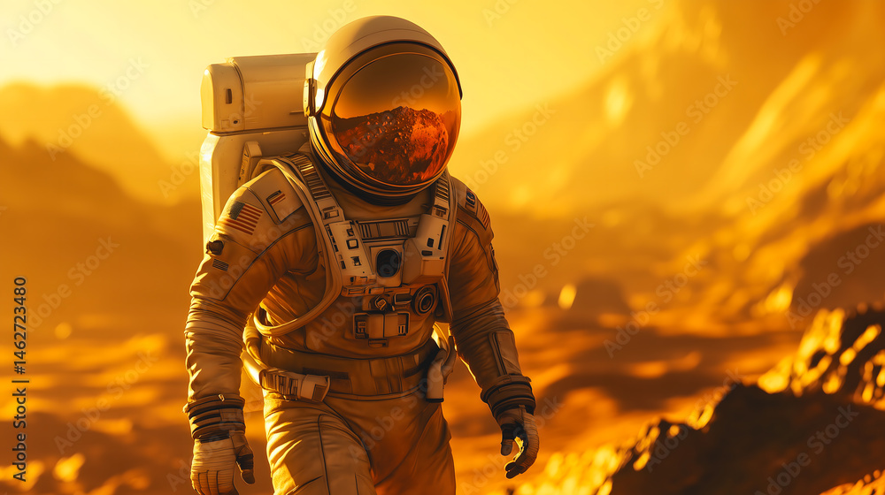 Un astronaute marche sur une surface désertique d'une planète rouge, avec un ciel orangé et une ambiance de fin de journée, observant les roches environnantes. Un astronaute marche sur une surface désertique d'une planète rouge, avec un ciel orangé et une ambiance de fin de journée, observant les roches environnantes.