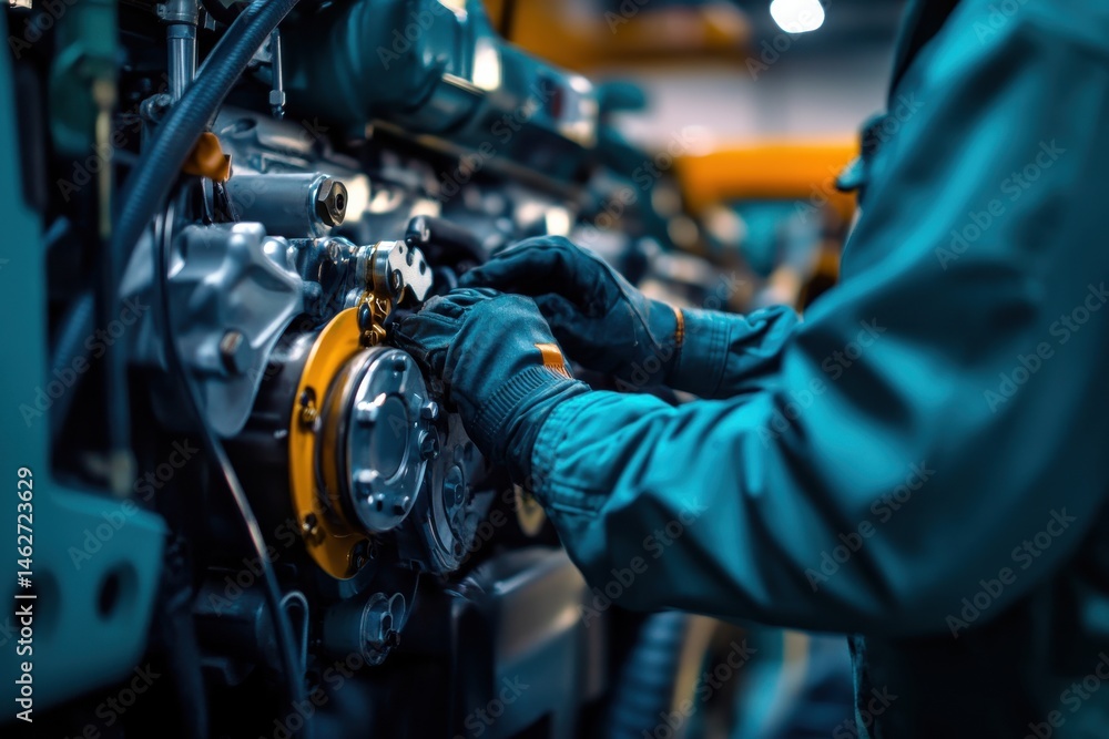 Fototapeta premium Mechanic Inspecting Bus Engine for Maintenance with Gloved Hands and Yellow Components