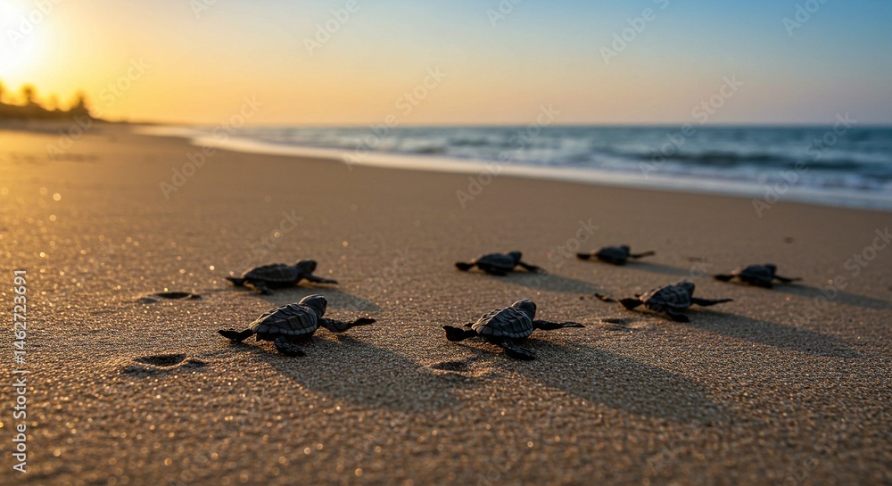 Obraz premium Baby sea turtles heading towards the ocean at sunrise on a sandy beach with the sun in the distance