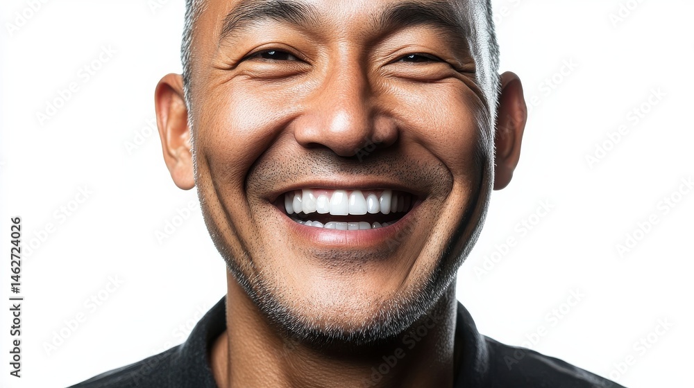 Obraz premium High-Quality PNG Close up portrait of happy handsome Asian man cheerfuly smiling while looking at camera in Isolated on White Background - High Resolution