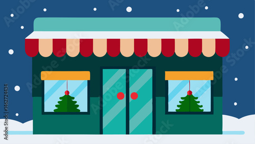 Holiday Decorations Closeup of the store front adorned with colorful lights wreaths and garlands set against a backdrop of falling snowflakes to convey a cheerful holiday spirit.