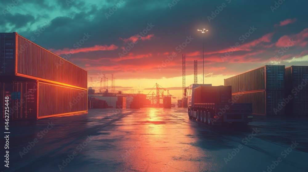 Fototapeta premium Cargo management logistics security concept. Industrial port with trucks and shipping containers at sunset.